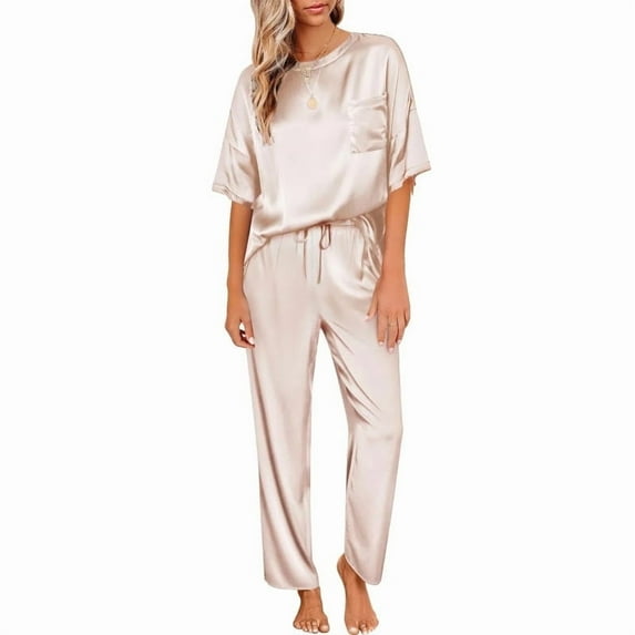 Women's Pajama Sets, Comfortable Breathable Short Sleeve Shirt And Long Pajama Pant, Champagne