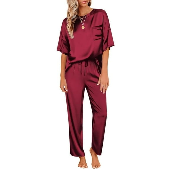 Women's Pajama Sets, Comfortable Breathable Short Sleeve Shirt And Long Pajama Pant, Wine Red
