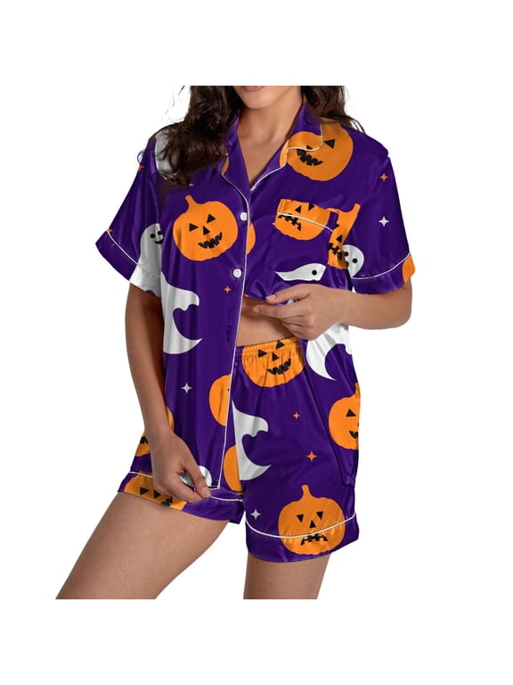 Women's Pajama Sets Comfortable Graphic Printed Satin Button Short Sleeve Top & Shorts Pajamas for Women