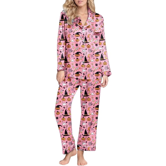 Women's Pajama Sets Comfortable Halloween Satin Button Down Long Pants Pajamas for Women
