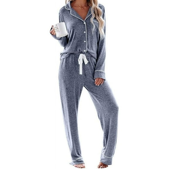 New women's pajama set, comfortable and casual home wear set, long-sleeved V-neck design, blue color