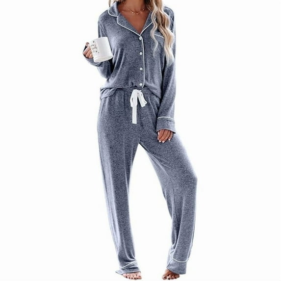 New women's pajama set, comfortable and casual home wear set, long-sleeved V-neck design, blue color