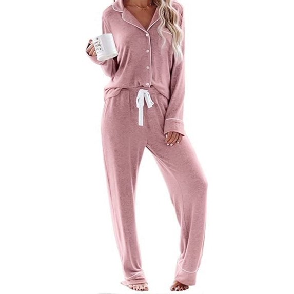 zefortex Comfortable Lounge Sets, Women's Long Sleeve V-Neck Pajama Sets, Pink 2-Pack
