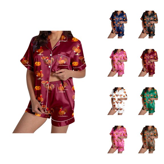 Women’s Pajama Sets – Daily Lounge Looks with Relaxed Fit Two Piece Sets Ladies' Thanksgiving Turkey Print Pajama Shorts Set 2024