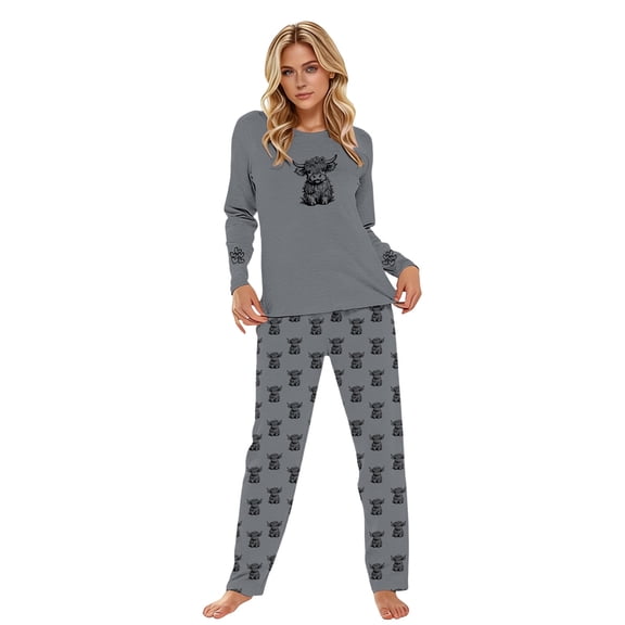 Women's Pajama Sets Funny Cute Cow Print 2 Piece Long Sleeve Round Neck Shirts Pants Trendy Casual Relaxed Fit Comfy Sleepwear