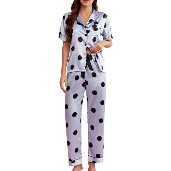 Women's Pajama Sets Long Sleeve Lapel Nightwear 2 Pieces Sleepshirts Button Down Loungewear Set Blue Circle L