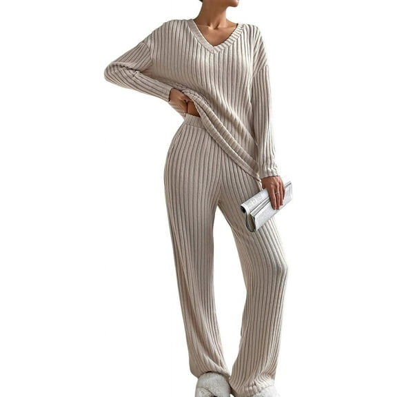 Women's Pajama Sets Long Sleeve Short Sleeve 2 Piece Lounge Sets Ribbed Knit Sweater Sleepwear