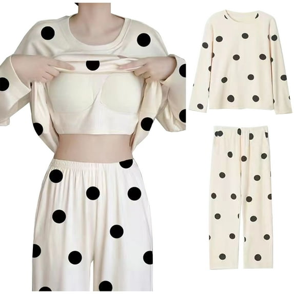 Women's Pajama Sets Long Sleeve Sleepshirts Top with Chest Pad and Loose Casual Wide Leg Long Pants Two-piece Set Women Spring Lovely Pajamas Home Wear