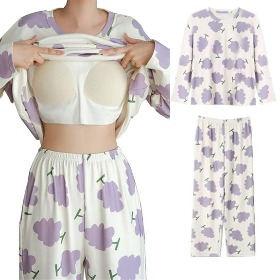 Women's Pajama Sets Long Sleeve Sleepshirts Top with Chest Pad and Loose Casual Wide Leg Long Pants Two-piece Set Women Spring Lovely Pajamas Home Wear