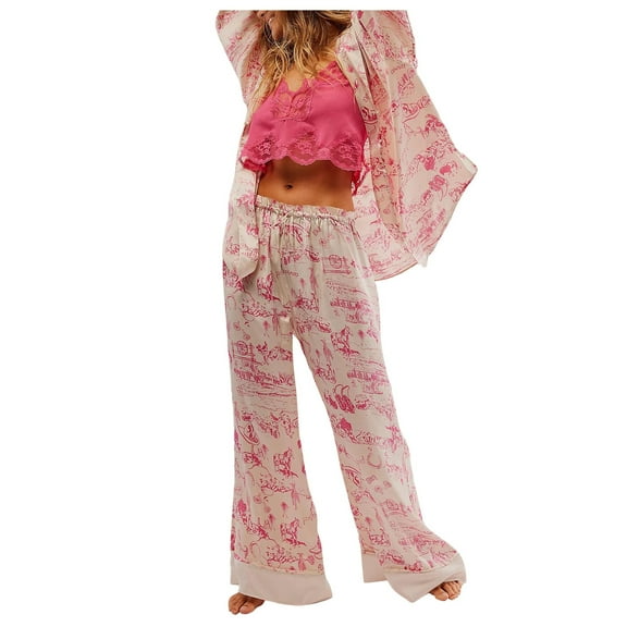Women's Pajama Sets Long Sleeve Sleepwear Loungewear Silk Satin Set For 2 Piece Floral Wide Leg Pants Set Button Down Pj Shirts Set Plus Size Womens Clothing