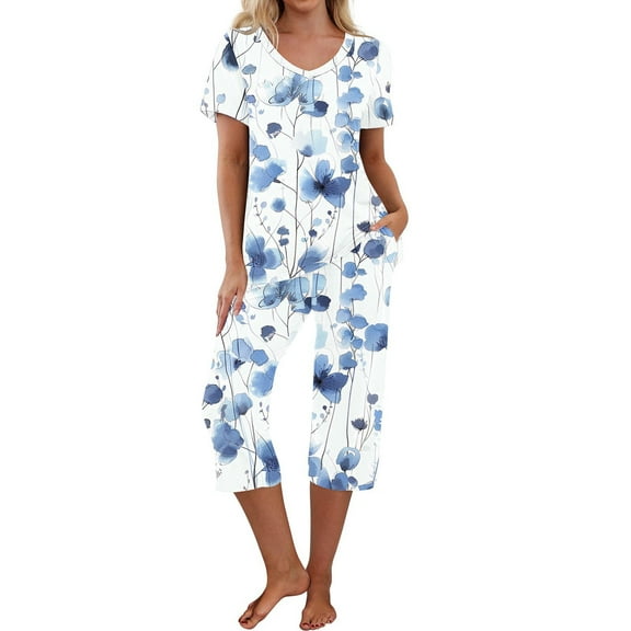 Women's Pajama Sets On Sale Trendy Print V Neck Short Sleeved Sleepwear Top And Pants Set Casual Loungewear With Pockets Light Blue XXL
