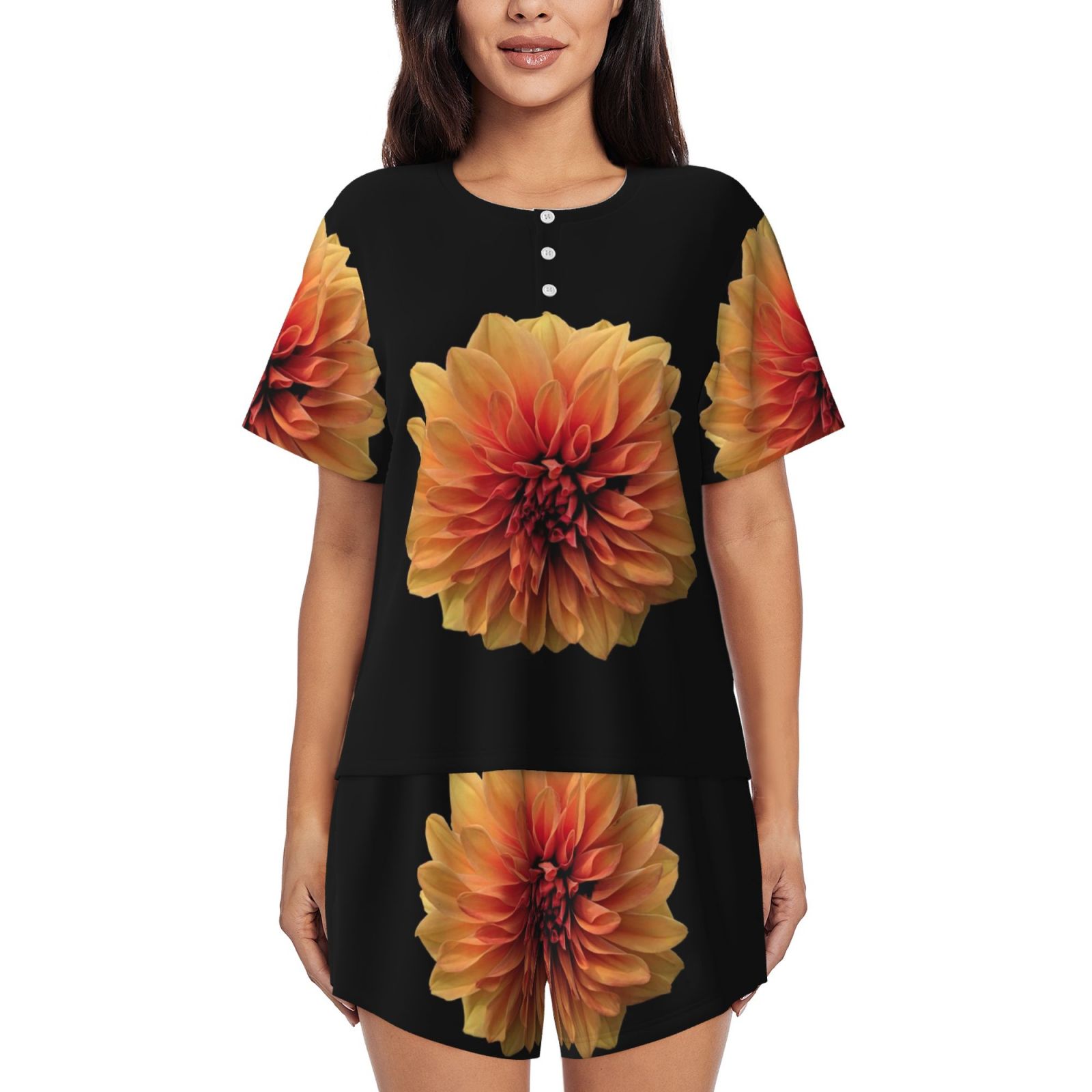 Women's Pajama Sets - Orange Dalia Summer Pajamas for Women Set Short Sleeve Sleepwear PJ Sets