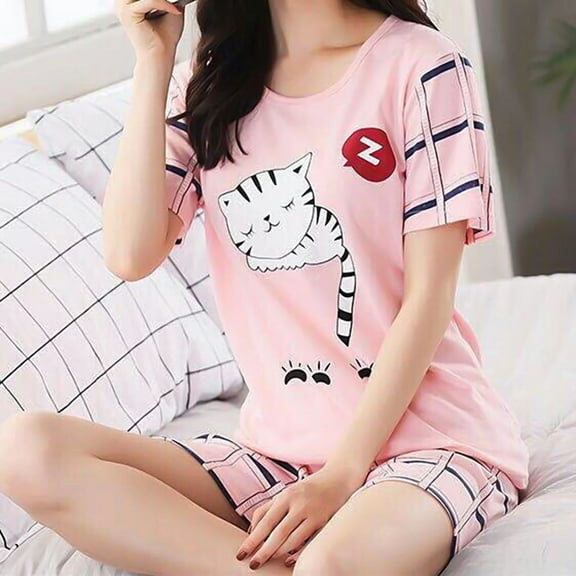 Women's Pajama Sets Pajamas Two Pieces Set Short Sleeve Loose Top Shorts Women Cats Print T Shirt Shorts Sleepwear For Summer Spring,Pink Women Pajama Sets XL