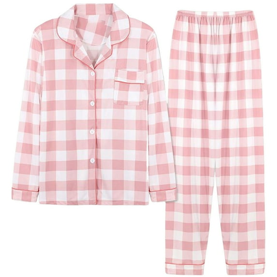 Women's Pajama Sets Pink Plaid Long Sleeve Button Down Shirt Straight Leg Wide Pants Loose Loungewear Pajama 2-Piece Set (L, Pink)