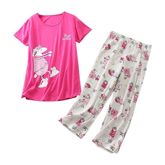 Women's Pajama Sets Short Sleeve Sleepwear Loungewear Cotton Set Cute 2 Piece Set Comfy Summer V Neck Shirt Capri Plus Size Womens Clothing