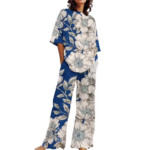 Women's Pajama Sets Short Sleeve Sleepwear Loungewear Summer Outfits For 2 Cotton Linen Set Oversized T Shirts Straight Leg Pant Tracksuit Plus Size Womens Clothing