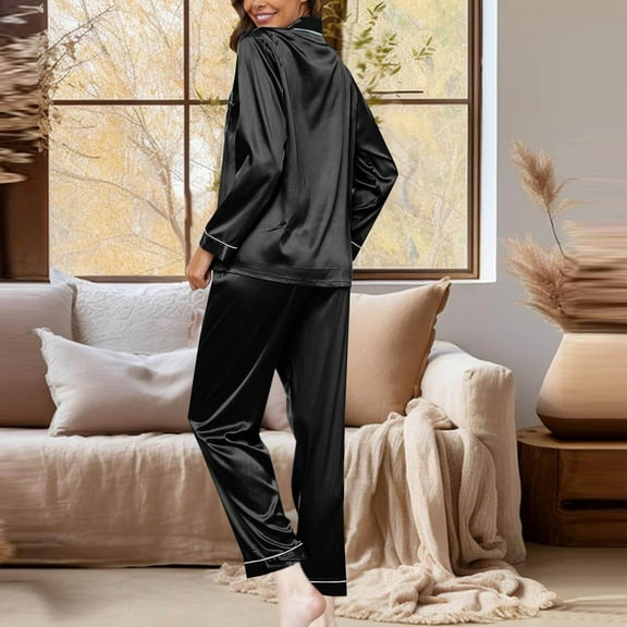 Women's Pajama Sets Silk Satin Button Solid Color Print Long Sleeve Top And Pant Pj Set Soft Sleepwear 2 Piece Outfits Loungewear Sets Black XXL