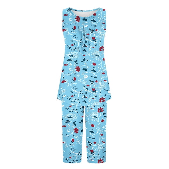 Women's Pajama Sets Sleeveless Sleepwear Loungewear Summer Sets Pleated Tank Tops And Capris With Pockets Floral Soft Cute 2pcs Plus Size Womens Clothing