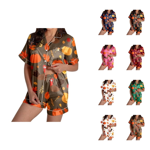 Women's Pajama Sets – Soft Bamboo Lounge Sets, Comfortable Cooling Sleepwear Ladies' Thanksgiving Turkey Print Pajama Shorts Set 2024
