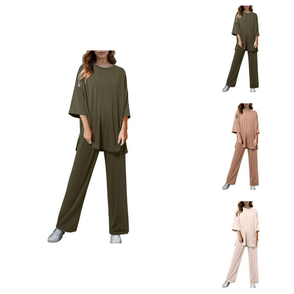 Women's Pajama Sets – Soft Bamboo Lounge Sets & Pajamas for Comfort Women 2 Piece Casual Short Sleeve Pullover Top And Wide Leg Pants Casual Suit Sportswear