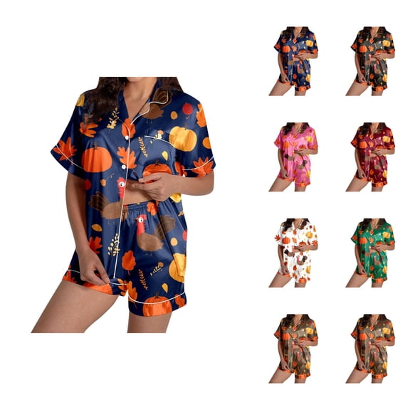 Women's Pajama Sets – Soft Cotton Lounge Sets, Cozy Sleepwear for Every Season Ladies' Thanksgiving Turkey Print Pajama Shorts Set 2024