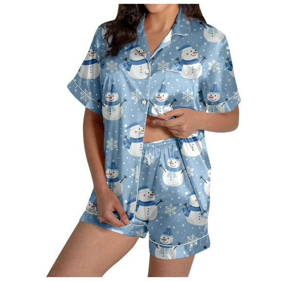 Women's Pajama Sets – Soft Cotton Lounge Wear, Cozy Sleepwear for Relaxing Women's Snowman Print Short Sleeve Top & Shorts Pajama Set Festive Christmas Sleepwear Ensemble