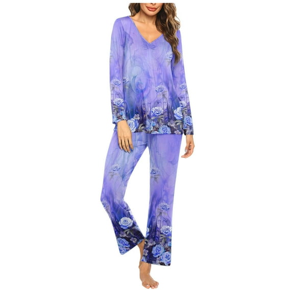 Women's Pajama Sets Soft Long Sleeve 2 Piece Lounge Sets Casual Asymmetrical V Neck Sleepwear Pjs Pockets Purple XXL