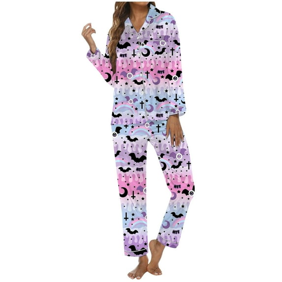 Women's Pajama Sets – Soft Satin Pajama Sets, Elegant Lounge Wear for Relaxation Women's Halloween Themed Printed Long Sleeve Pajama Set Loungewear For Festive Comfort