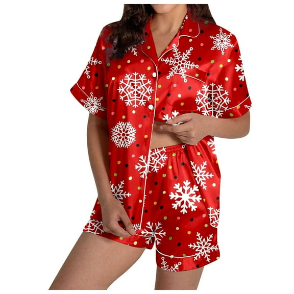Women's Pajama Sets – Soft Satin Sleepwear for Women, Elegant Lounge Sets for Relaxation Women's Snowflake Print Short Sleeve & Shorts Pajama Set For Christmas