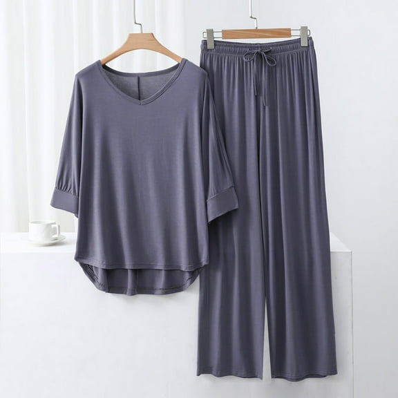 Women's Pajama Sets Solid Color Print Long Sleeve Top And Pant Pj Set Soft Sleepwear 2 Piece Outfits Loungewear Sets Dark Gray XL