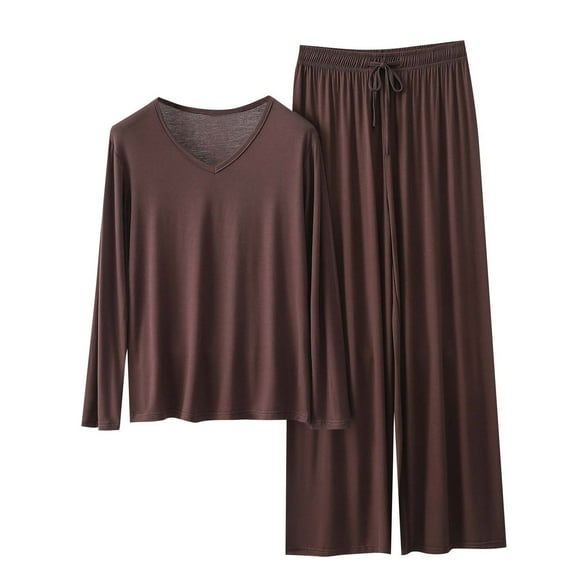 Women's Pajama Sets Summer Long Sleeve V Neck Blouse Tops Loose Solid Color High Neck Lace Up Wide Leg Pants Modals Cotton Home Wear Two-piece Set