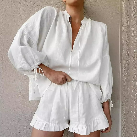 Women's Pajama Sets Summer Solid Color Lightweight Pajamas Set Leisure Collared Long Sleeve Sleepwear with Shorts Womens Summer Pajamas