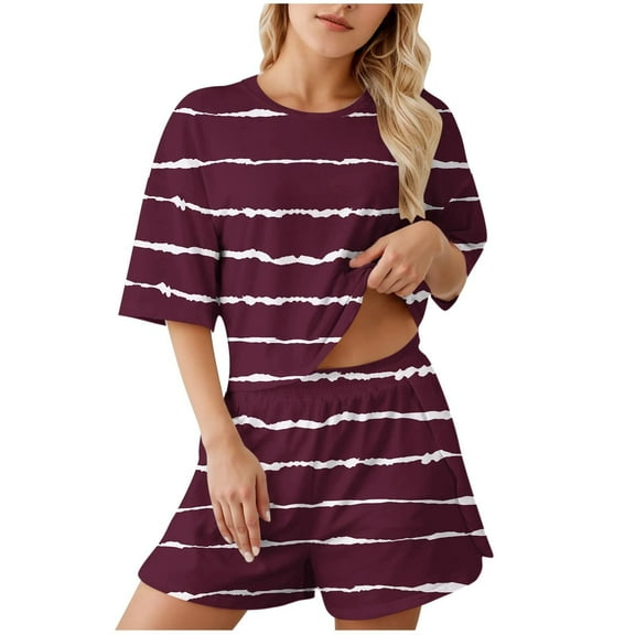 Women's Pajama Sets Trendy Short Sleeve Stripe Shorts Sleepwear,Wine,S