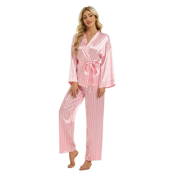 Women's Pajama Sets Trendy Stripe Long Sleeve Belt Long Pants Women Pjs Sets,A1-Pink,L