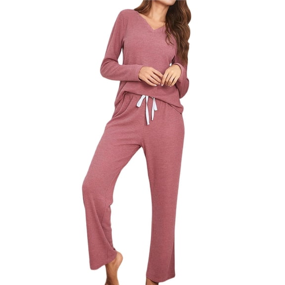 Women's Pajama Sets Waffle Knit 2 Piece Lounge Sets Sleepwear Loungewear Pjs Long Sleeve Pajamas Red Bean Paste M