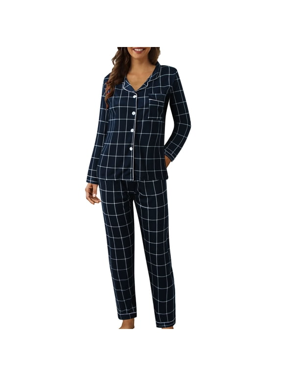 Women's Pajama Sets Women Casual Lapel Button Plaid Printing Two Piece Long Sleeve Pajamas Pajamas Suit,Blue Women Pajama Sets L-2