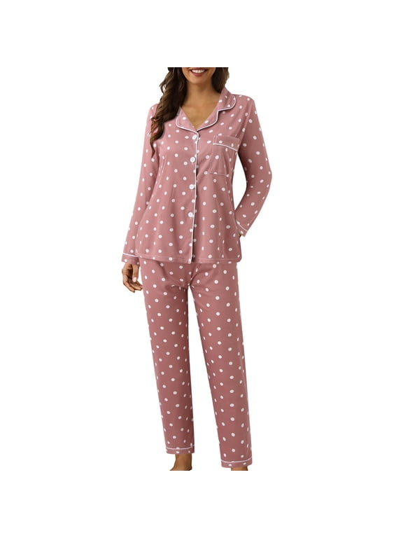 Women's Pajama Sets Women Casual Lapel Button Polka Dots Print Two Piece Long Sleeve Pajamas Pajamas Suit,Pink Women Pajama Sets M