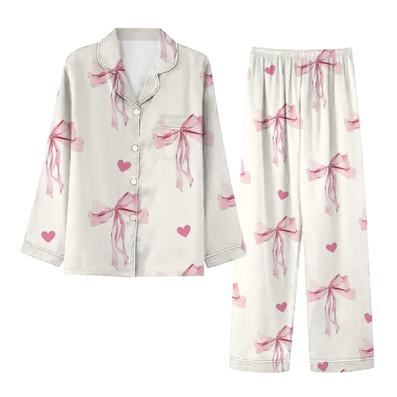 Women's Pajama Sets Women'S Winter Spring Home Leisure Valentine'S Day Bow Love Loose Imitation Color Ding Pajama Sleepy Pants Set, Women Pajama
