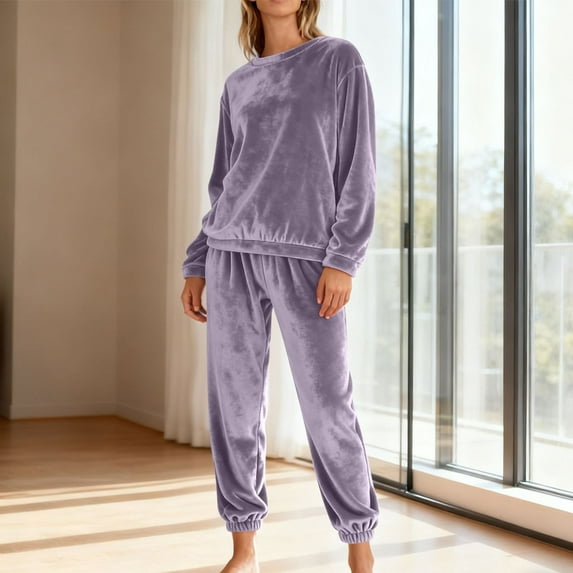 Women's Pajama Sets Women's Round Neck Heart Print Winter Warm Velvet Pajama Set Long Sleeve Elastic Waist Ankle Pants