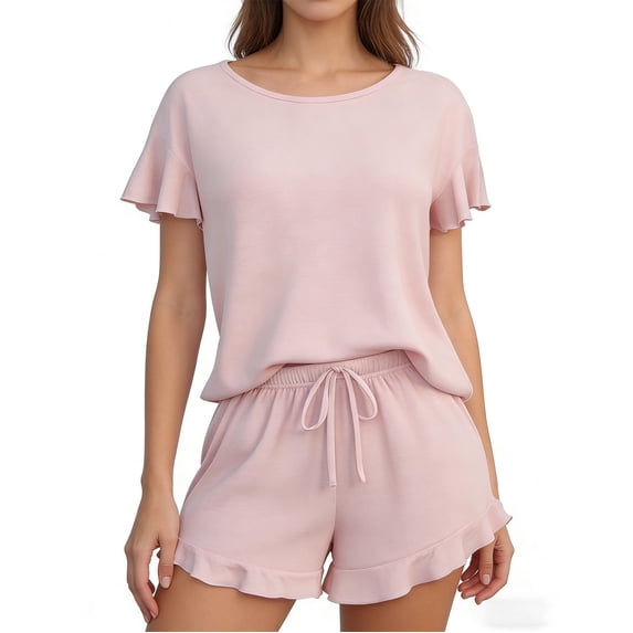 Women's Pajama Sets Women's Ruffle Sleeve Pajama Set Soft 2-Piece Loungewear Top And Ruffle Hem Shorts Sleepwear Pink S