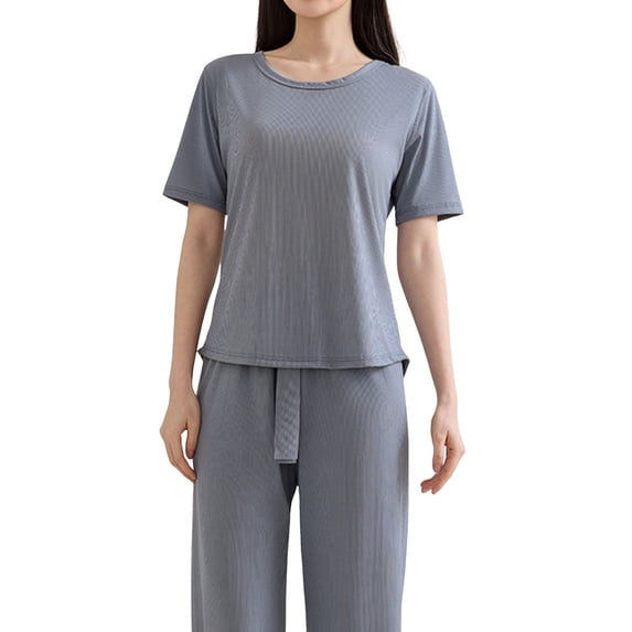 Women's Pajama Sets Womens 2 Piece Outfits Summer Casual Loose Short Sleeve Pullover Tops & Wide Leg Pants Sets Tracksuit New,Blue Women Pajama Sets XL