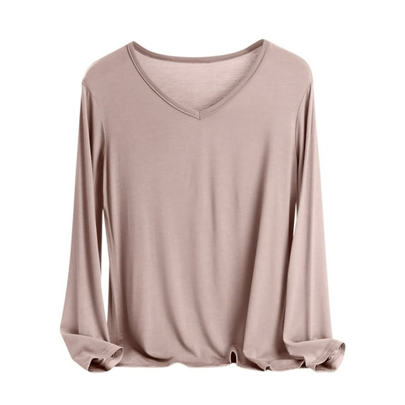 Women's Pajama Tops Long Sleeve V-Neck Sleep Shirts Solid Color Soft Basic Pj T-shirt Casual Loose Loungewear