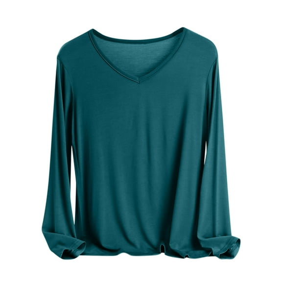 Women's Pajama Tops Long Sleeve V-Neck Sleep Shirts Solid Color Soft Basic Pj T-shirt Casual Loose Loungewear