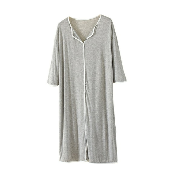 Women's Pajama Tops Women's Summer Short-Sleeved V-Neck Solid Color Nightdress Mid-Calf Nightdress Gray M