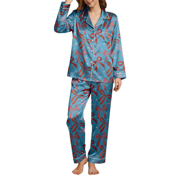 Women's Pajamas 2 Pieces Sets Soft Valentine Print Button Lapel Shirts Pants Sleepwear Outfit
