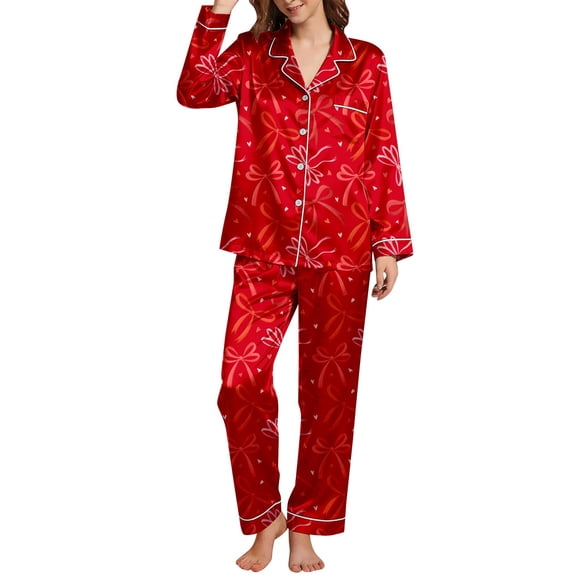 Women's Pajamas 2 Pieces Sets Soft Valentine Print Button Lapel Shirts Pants Sleepwear Outfit