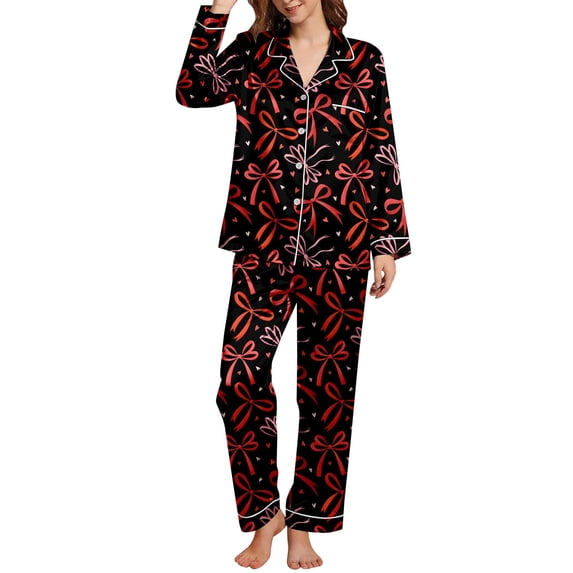 Women's Pajamas 2 Pieces Sets Soft Valentine Print Button Lapel Shirts Pants Sleepwear Outfit