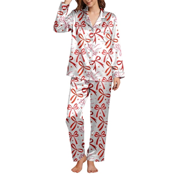 Women's Pajamas 2 Pieces Sets Soft Valentine Print Button Lapel Shirts Pants Sleepwear Outfit