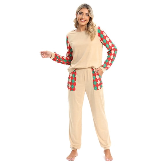 Women's Pajamas Christmas Set 2 Piece Crewneck Long Sleeve Plaid Sleeve Top and Long Pants with Pocket Soft Lounge Sets