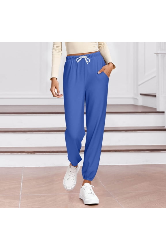 Women's Pajamas Elastic Waist Drawstring Solid Straight Leg Cuffed Pants with Pockets for Spring Blue M